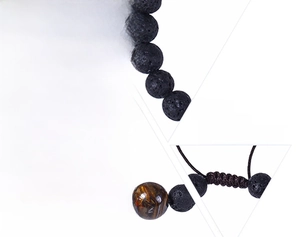 Detail of 8mm volcanic lava and tiger eye stone beads on hand-woven adjustable cord