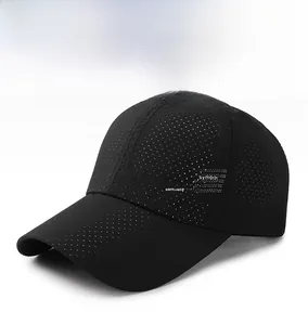 Detail of black breathable mesh baseball cap with side logo and ventilation holes