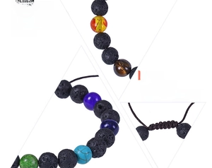 Détail des perles de lave des sept chakras et du cordon tressé réglable du bracelet yoga