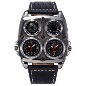 Men Dual Time Zone Multi Function Watch With Compass Thermometer Faux Leather Strap Alloy Case Industrial Style