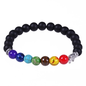 8mm 7 chakra lava stone bracelet featuring matte black beads and silver elephant charm