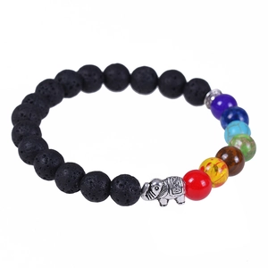 8mm natural volcanic lava stone chakra bracelet featuring a silver elephant charm