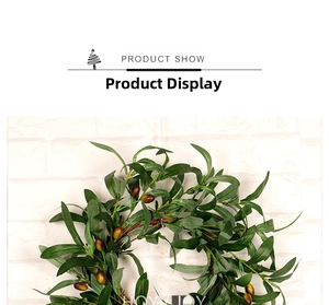 Close-up of olive leaf wreath with realistic green leaves and dark red berry details