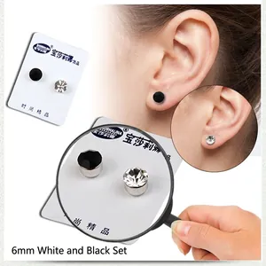 6mm magnetic stud earrings set with black and white cubic zirconia for non-pierced ears