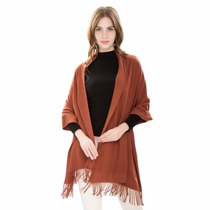 Solid rust red cashmere-feel winter scarf with tassels, soft warm shawl for men and women