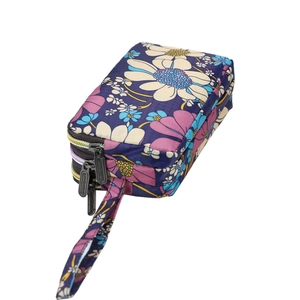Floral print long wallet with triple zippers and wrist strap in deep purple fabric