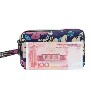 Three-layer floral coin purse with wrist strap and zipper closure in vintage blue style