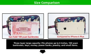 Detailed view of triple-zipper floral fabric wallet holding a large smartphone and cash