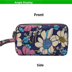 Detailed view of the triple zipper floral canvas wallet with three layered compartments