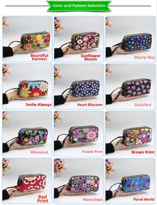 Three-layer zip clutch bag collection in twelve vibrant floral and geometric fabric prints