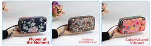 Detailed view of large fabric wallets with three zippers and wrist straps in various patterns