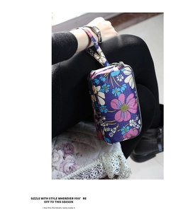 Detail of floral purple fabric wallet with three zippers and a wrist strap held by hand