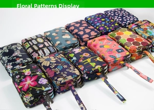Detailed view of long fabric wallets featuring multiple colorful patterns and wrist straps