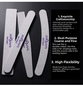 Close-up of 100/180 grit double-sided crescent nail file for shaping and buffing
