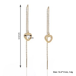 Gold long heart-shaped drop chain earrings showing length and width dimensions