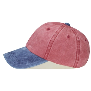 Red and blue contrast washed cotton baseball cap with vintage distressed look for men