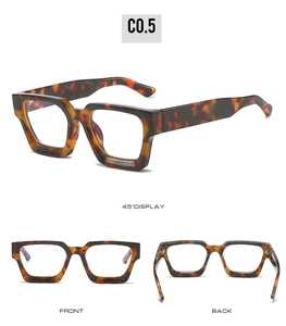 Three-angle display of thick square tortoise shell glasses frames in dark amber finish