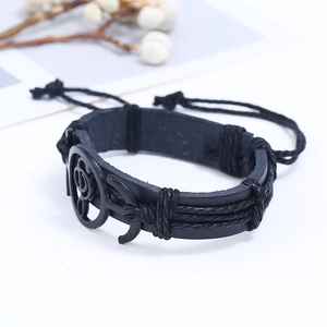 Rock style black woven leather multi-layer bracelet with anchor metal charm on white background
