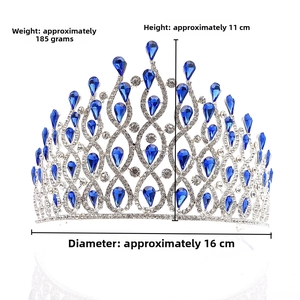 Silver bridal tiara with blue teardrop crystals and white rhinestones, height 11cm