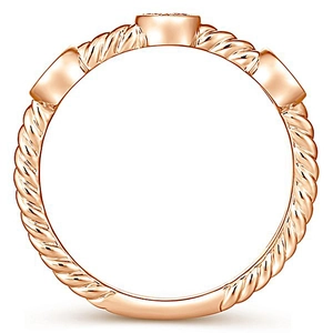 Detailed side view of rose gold twisted rope ring featuring three round metal settings
