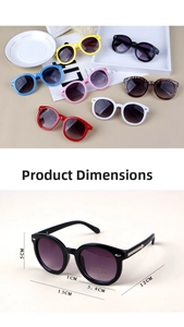 Detailed sizing chart for kids round sunglasses with UV400 and CE protection marks