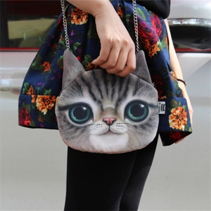 Harajuku style grey tabby cat face crossbody bag with silver chain strap for women