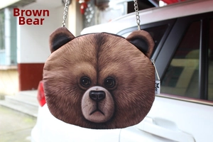 Close-up of the realistic brown bear head pattern and metal chain on a crossbody bag