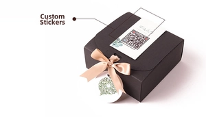 Detail of matte black square gift box with champagne satin ribbon and bow detail