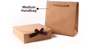 Brown kraft paper gift box with ribbon and matching gift bag set in medium size