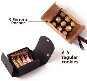 Detail view of brown and black gift boxes showing capacity for chocolates and cookies
