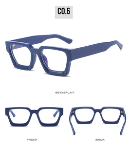 Detailed multi-angle view of navy blue thick frame glasses in vintage rectangular style