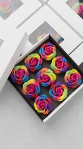 Rainbow gradient soap rose flower gift boxes in a wholesale storage and shipping container