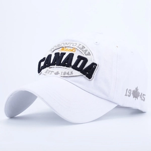 Detail of white cotton baseball cap with 3D Canada Toronto embroidery and grey maple leaf