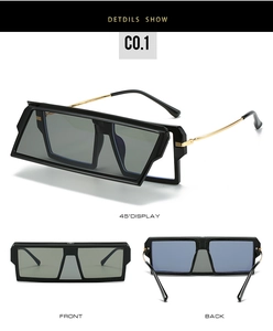 Three-angle view of oversized square flip-up sunglasses with gold metal temples