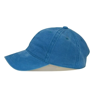 Side view of blue washed cotton baseball cap showing 6-panel structure and vent holes