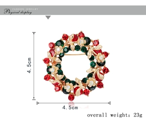 Detailed dimensions of 4.5cm Christmas wreath brooch with colorful rhinestones