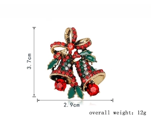 Detailansicht der Weihnachtsglocken-Brosche mit roten Strasssteinen und Emaille 3,7cm