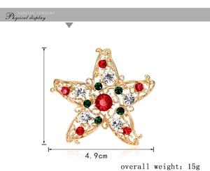 Star-shaped Christmas brooch with festive crystals shown with precise size and weight measurements