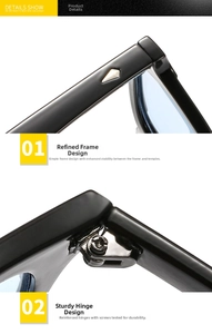 Detail view of reinforced metal hinges and silver diamond rivets on black sunglasses