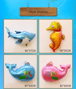 Detailed size specifications for shark, seahorse, and whale ocean animal foil balloons