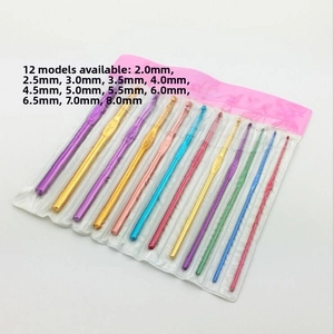 Set of 12 colorful aluminum crochet hooks in assorted sizes with clear storage case