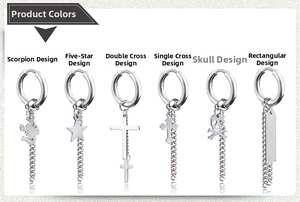 Detail showing six styles of silver titanium steel chain earrings with various charms