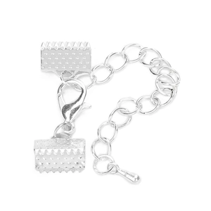 Silver jewelry connector set with extension chain, lobster clasp, and ribbon end crimps