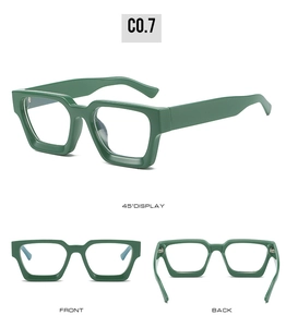 Three-view display of green thick-frame retro glasses showing front, back, and 45-degree angle