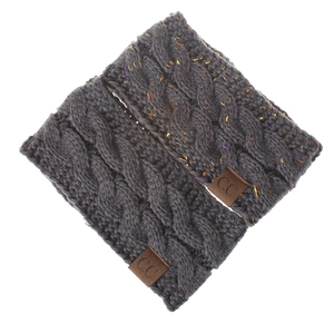 Detail of dark grey cable knit headband with confetti specks and brown leather CC label