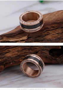 Detail of rose gold titanium ring with black carbon fiber and double row pavé crystals