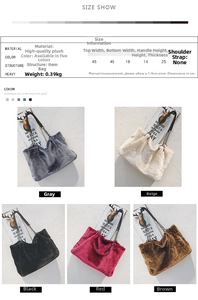 Size chart for women's plush tote bag with dimensions and five color options displayed