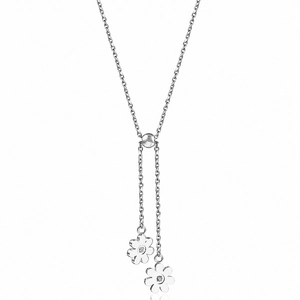 Polished titanium steel sunflower necklace with dual floral pendants and zircon accents