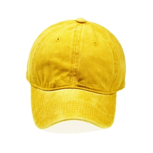 Detail of washed cotton kid's baseball cap in mustard yellow with classic stitching