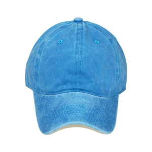 Detailed front view of blue washed cotton kids baseball cap with vintage texture